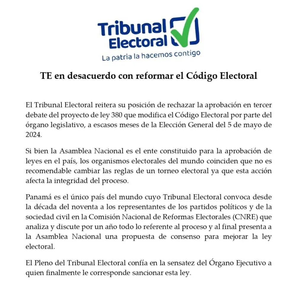 Este es el comunicado de prensa publicado por el Tribunal Electoral.