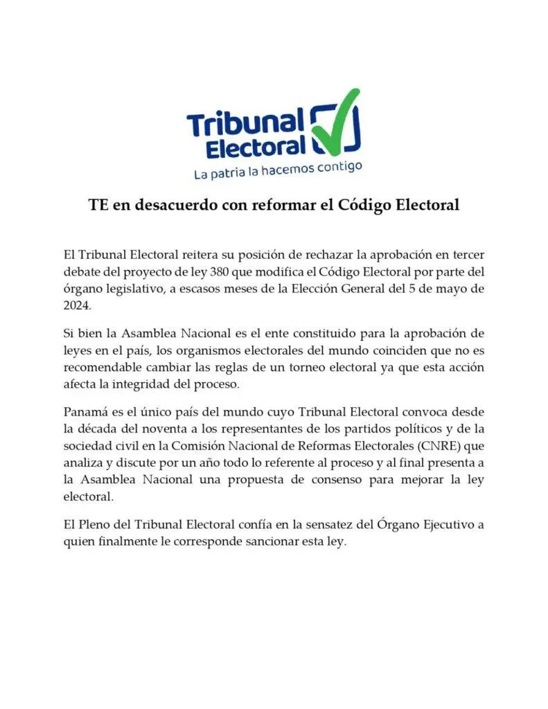 Este es el comunicado de prensa publicado por el Tribunal Electoral.